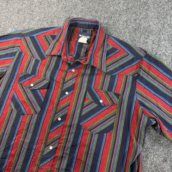 Wrangler Other - VTG Wrangler Western Shirt Mens XL Short Sleeve Pearl Snap Red Navy Green Stripe